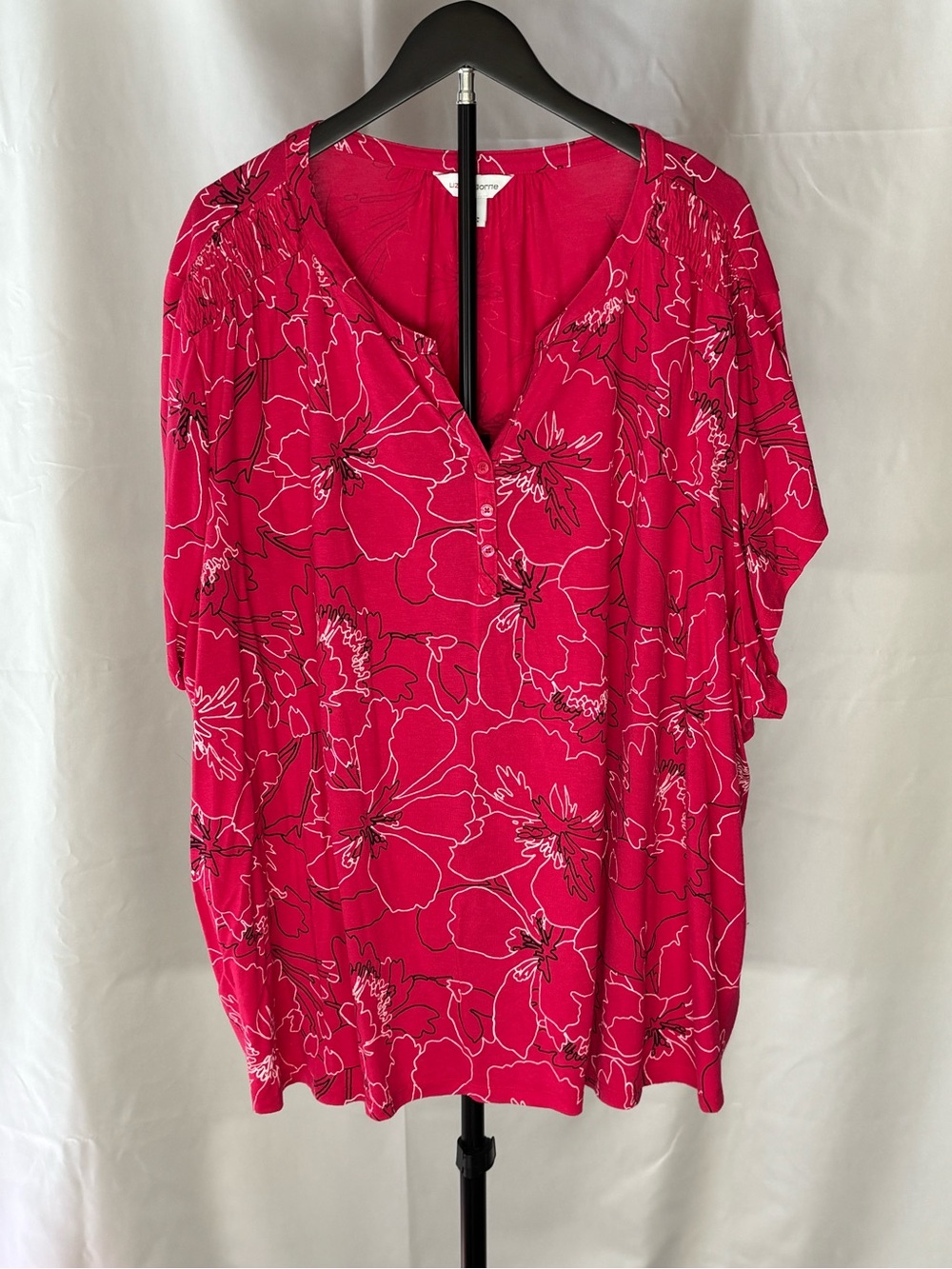 Liz Claiborne Bright Pink Floral-Print Top Blouse Plus Size Short Sleeve